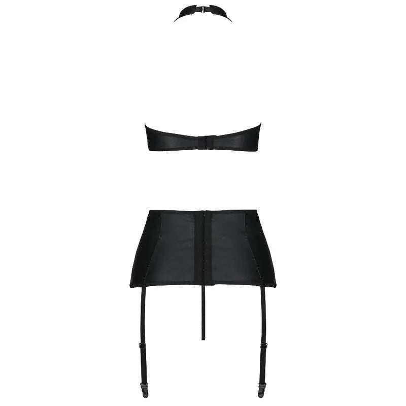 Ensemble lingerie cuir noir trois pièces, soutien-gorge dos nu, porte-jarretelles ajustable, style moderne et sensuel.
