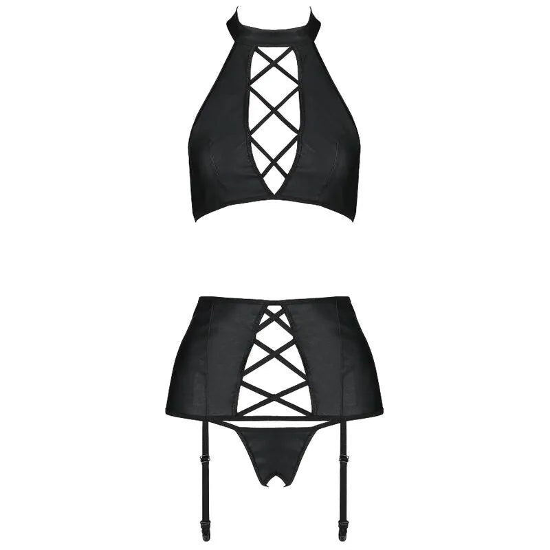 Ensemble lingerie cuir noir trois pièces, design moderne avec armatures, porte-jarretelles ajustable, dos nu.