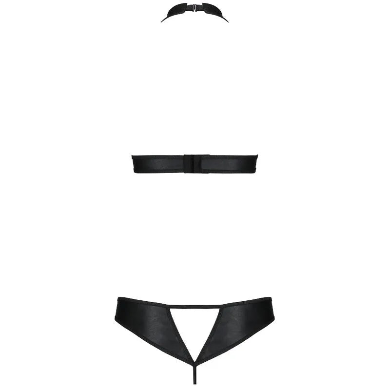 Ensemble lingerie cuir écologique noir, soutien-gorge seins nus et string découpé, design moderne et sensuel pour femmes.