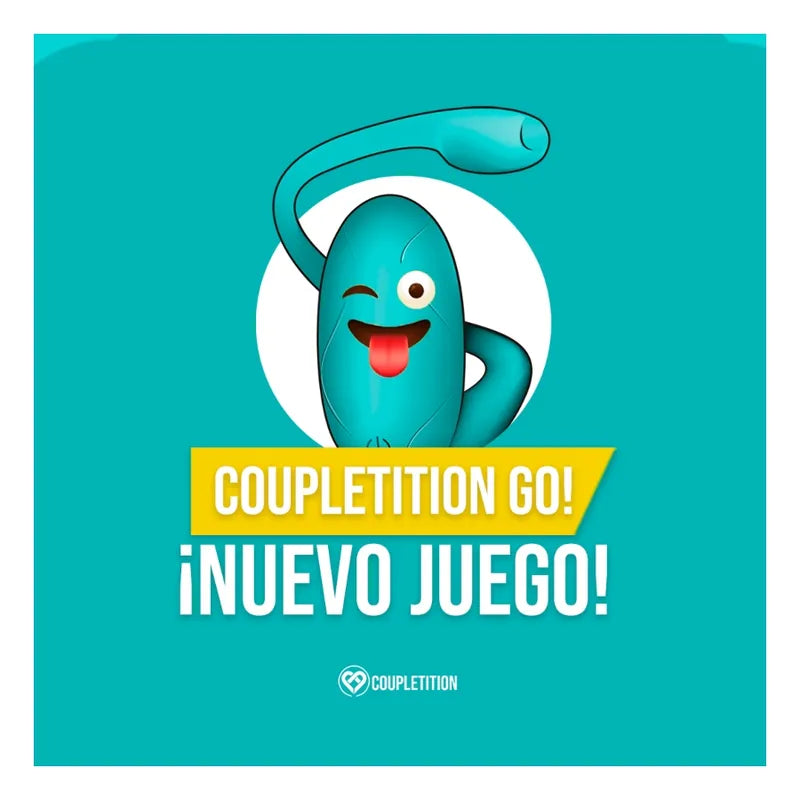 Boîte de jeu Coupletition Go! en bleu avec personnage amusant et texte Nuevo Juego, jeu pour couples aventureux.