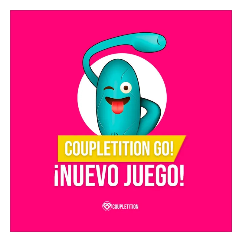 Boîte rose vif du jeu Coupletition Go! avec personnage bleu amusant et texte Nuevo Juego, jeu pour couples.