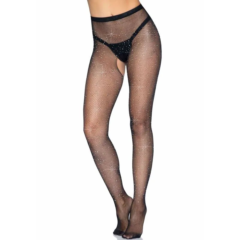 Collants résille noirs avec strass, sans entrejambe, dos ouvert, féminins et glamour, parfaits pour soirées séduction.