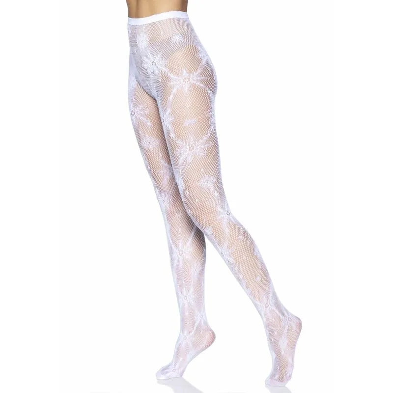 Collants résille blancs motif flocon de neige, élégants et festifs, en nylon extensible pour féminité et confort.