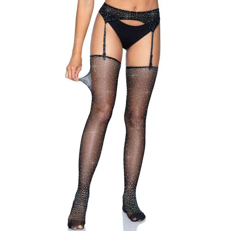 Ensemble porte-jarretelles noir microfilet strass, taille unique, élégant et sensuel, en nylon élasthanne extensible.