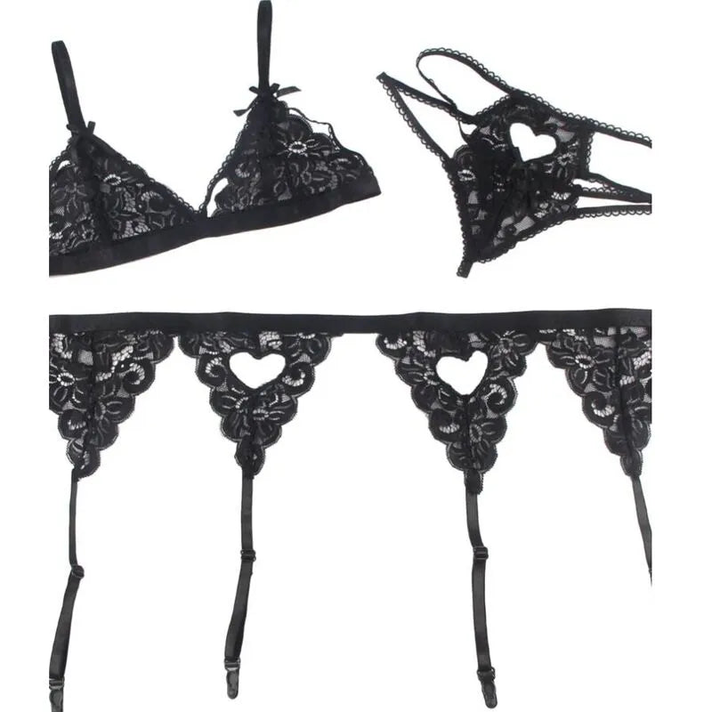 Ensemble lingerie noir trois pièces Subblime, dentelle florale, soutien-gorge, porte-jarretelles, string, élégant et sexy.