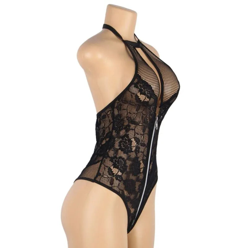 Body dentelle floral noir dos nu grande taille, zippé, sublimant courbes, élégant et confortable, style sexy.
