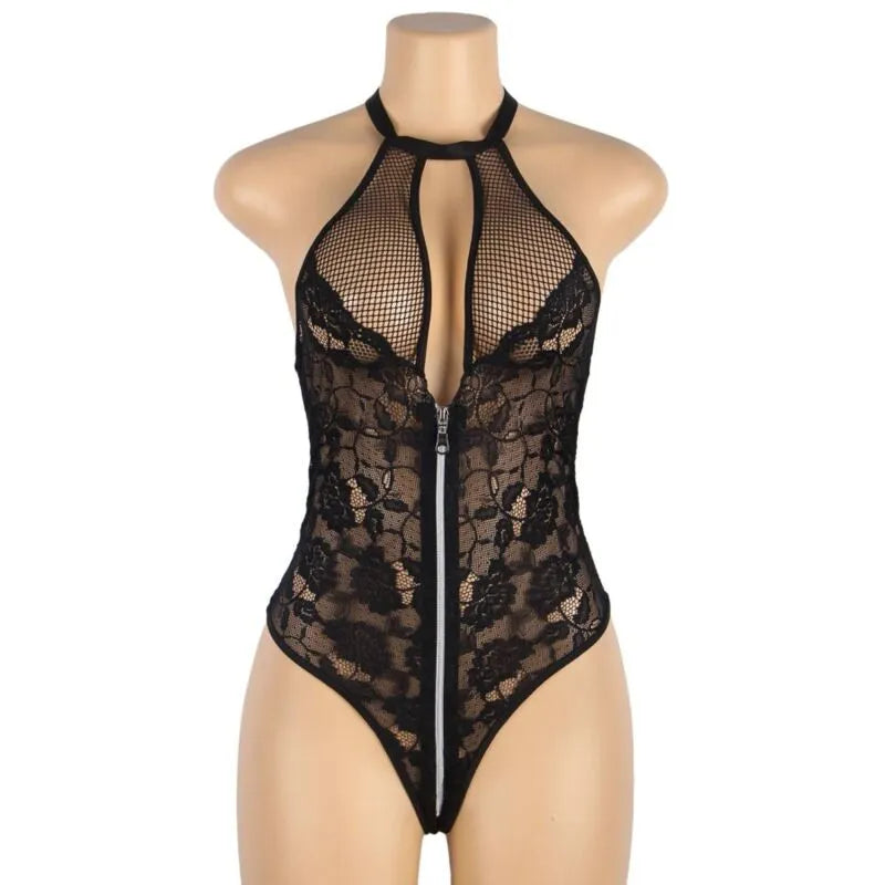Body dentelle noir floral ouvert dos nu grande taille, zip avant, élégant et confortable, sublimant les courbes.