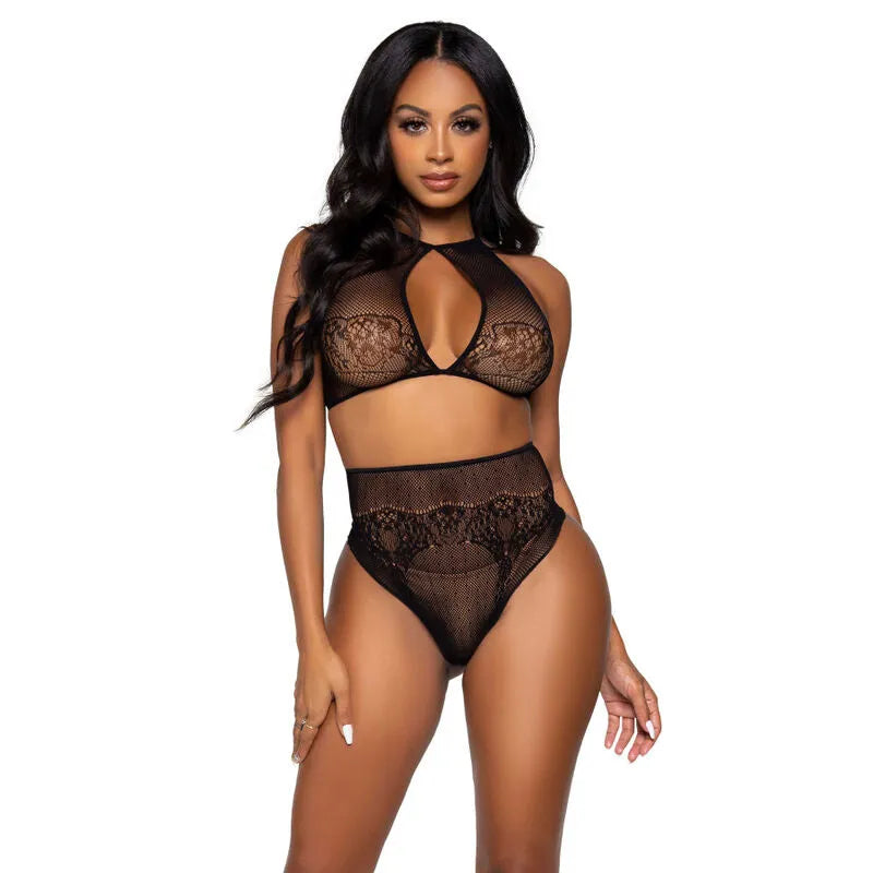 lingerie féminine résille pois dentelle ensemble deux pièces haut court dos nu culotte string taille haute