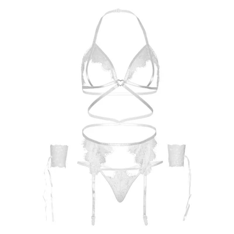 Ensemble lingerie blanc dentelle cils, soutien-gorge ouvert, porte-jarretelles, string, bretelles cage, séduction élégante.