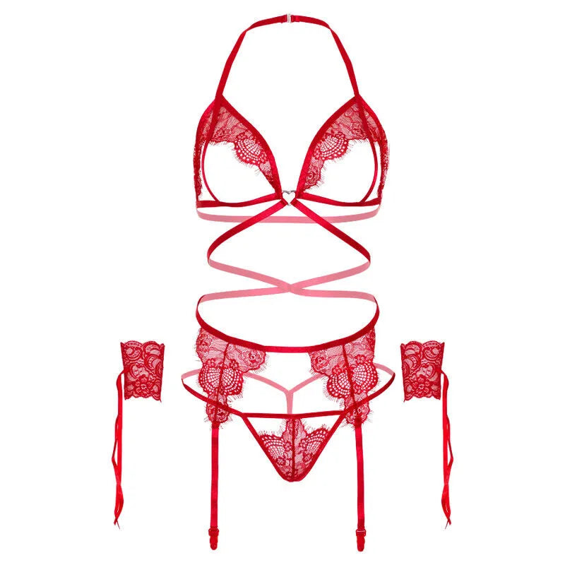 Ensemble lingerie rouge dentelle cils, soutien-gorge ouvert, bretelles cage, porte-jarretelles, string et poignets.