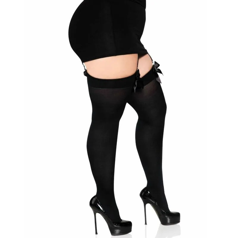 Bas nylon noir grande taille avec nœud, mi-cuisse, élégants et séduisants, parfaits pour soirée glamour.