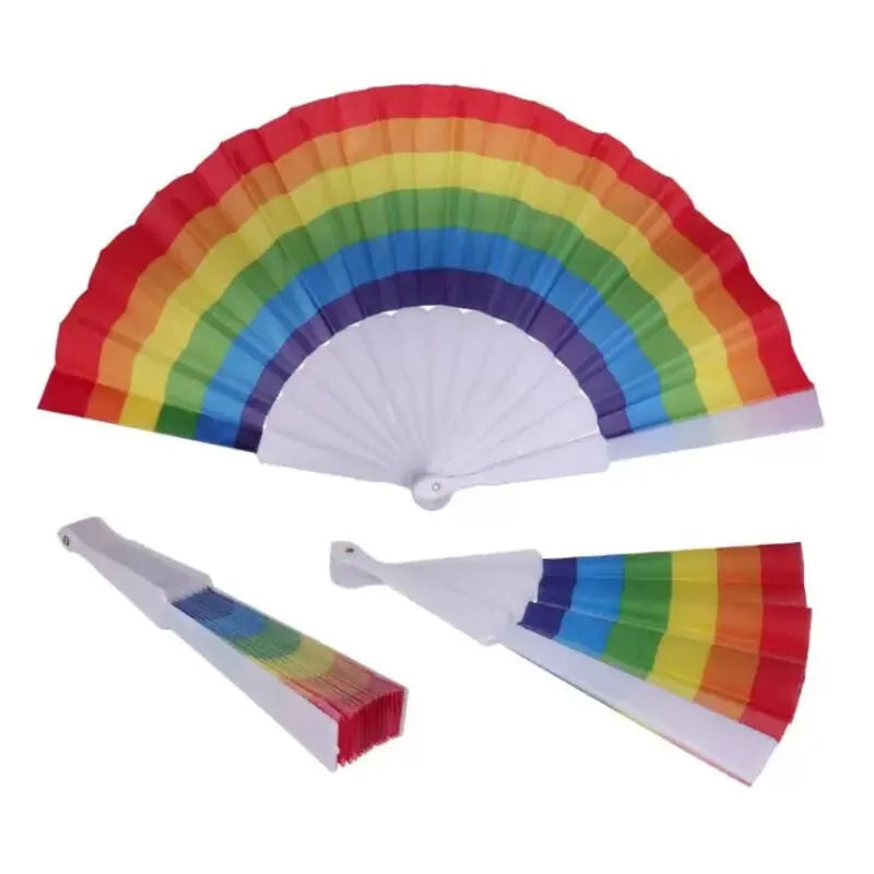 éventail tissu multicolore LGBT fierté symbolique festif compact léger pliable portable résistant plastique poignée durable maniable coloré célébrations événements