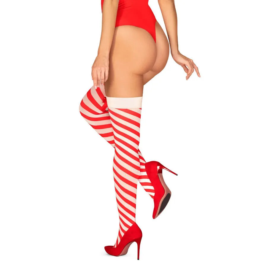 Collants rayés rouges et blancs sexy, extensibles, avec bande délicate, portés avec talons rouges, style ludique Kissmas.