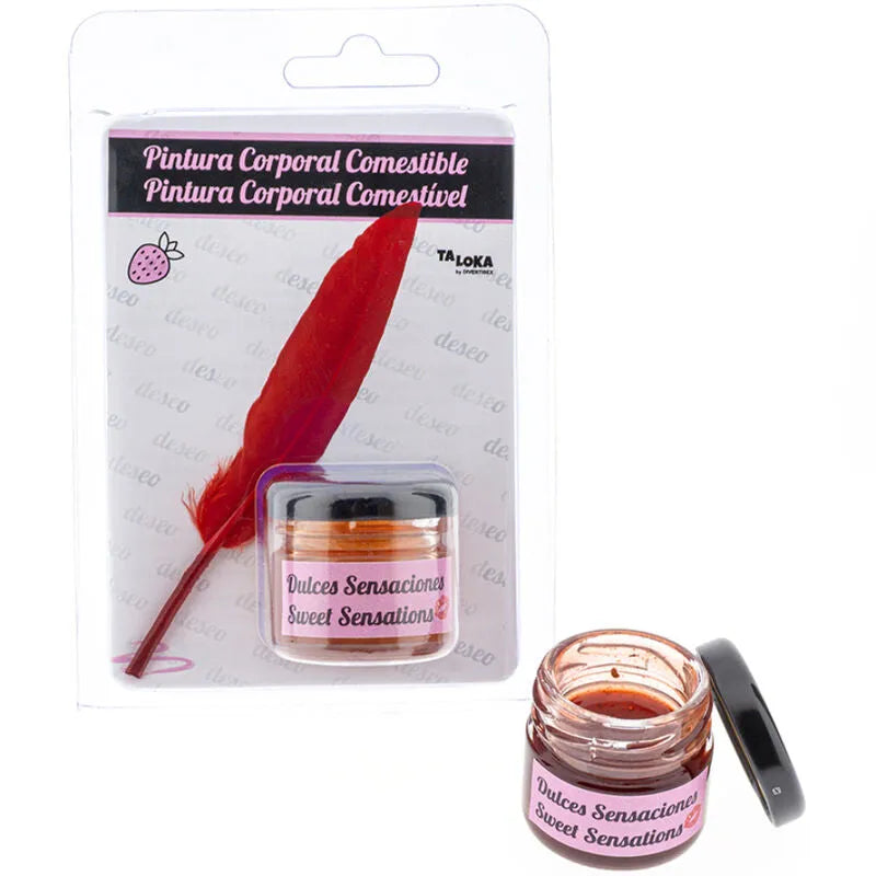 Peinture comestible érotique fraise pot verre plume rouge application douce plaisir intime