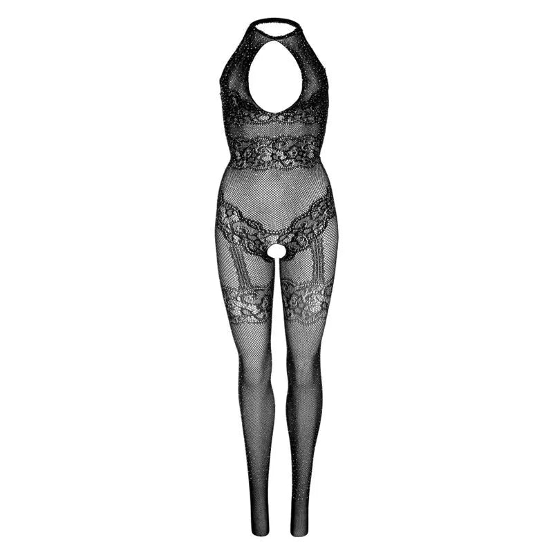 Combinaison résille noire sans couture, dentelle strass, licou, ajustée, élégante, sexy, taille unique, femme.