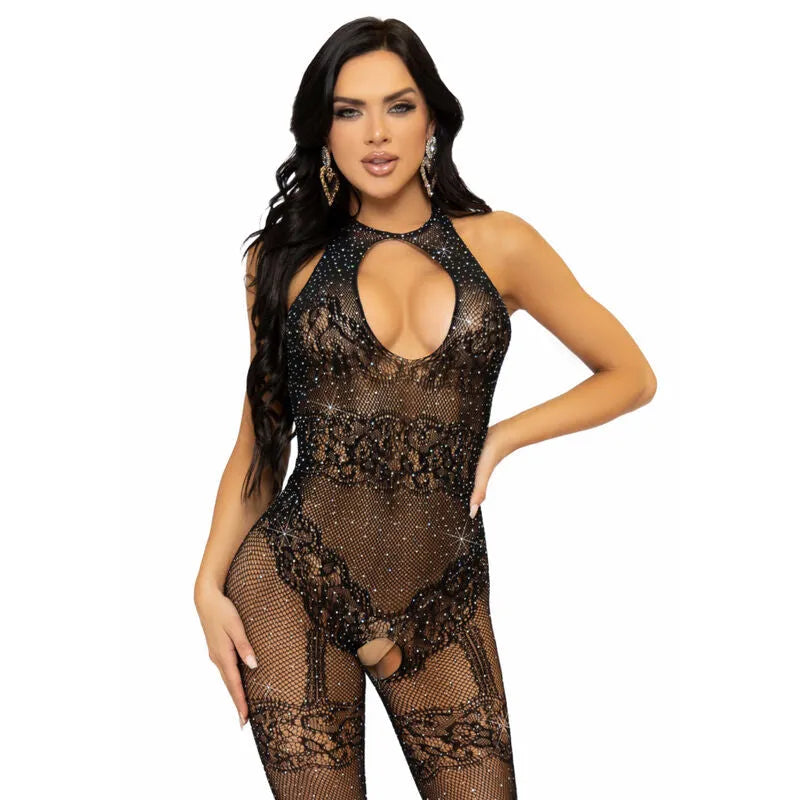 combinaison résille sans couture dentelle strass licou noir sexy femme élégant glamour extensible ajusté taille unique