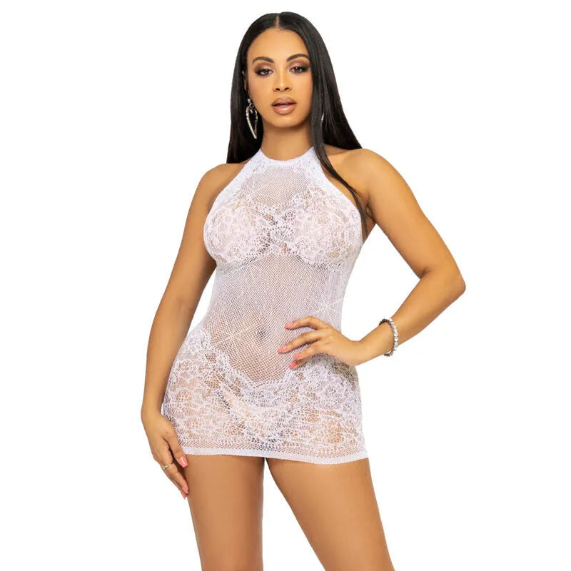 mini robe dentelle dos nu strass blanc lingerie sexy féminine luxe fleurie filet extensible nylon élasthanne ajustement confort scintillante soirée