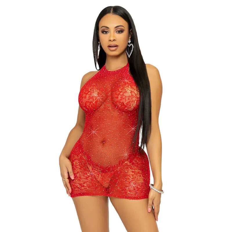 mini robe dos nu dentelle filet strass rouge lingerie sexy féminine ajustée extensible nylon élasthanne scintillante transparente taille unique séduisante