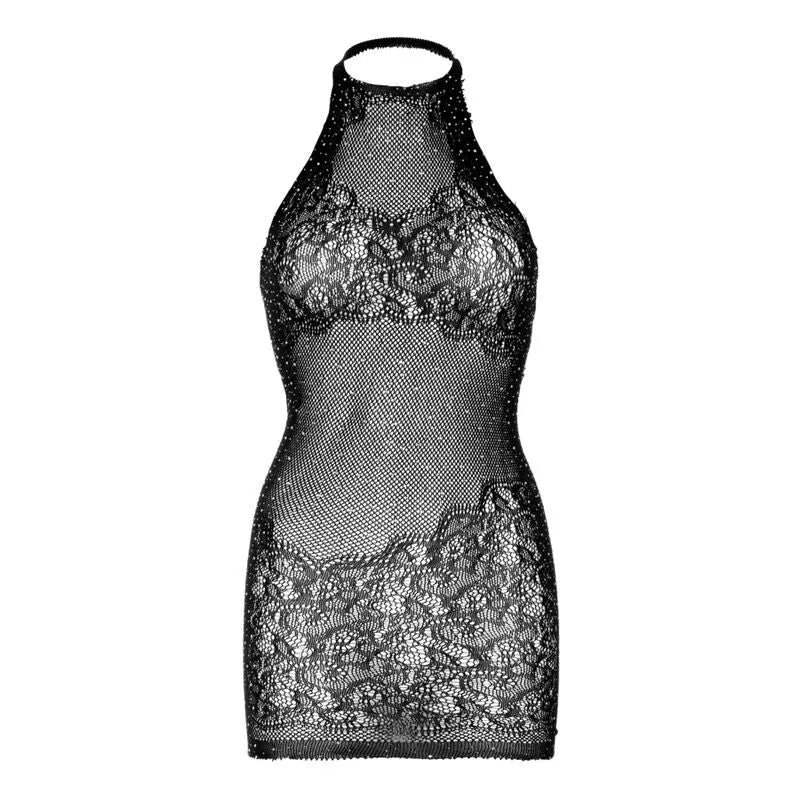 mini robe dos nu dentelle strass noire lingerie sensuelle féminine filet transparent extensible moulant élégante glamour séduisante soirée romantique