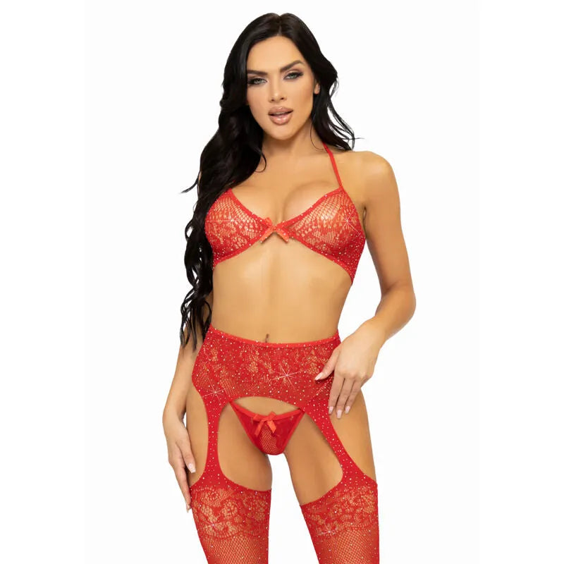 ensemble trois pièces lingerie dentelle rouge strass noeud sexy séduisante soutiengorge string portejarretelles résille confortable élasthanne nylon glamour luxueux ajustable
