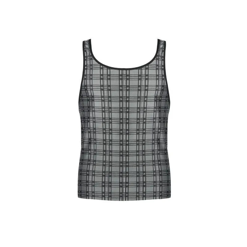 Haut homme sans manches à carreaux noir, gris, blanc en microfibre, style sexy, ajustement parfait, fabriqué en Europe.