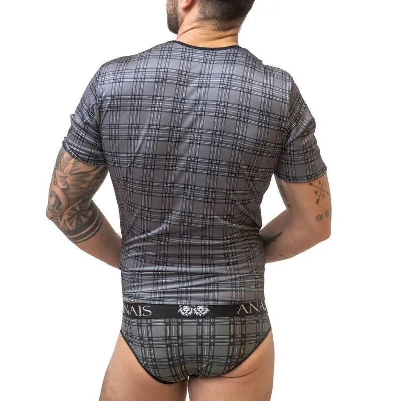 T-shirt homme Anais à carreaux noirs, gris et blancs, ajusté, en microfibre douce, vue de dos.