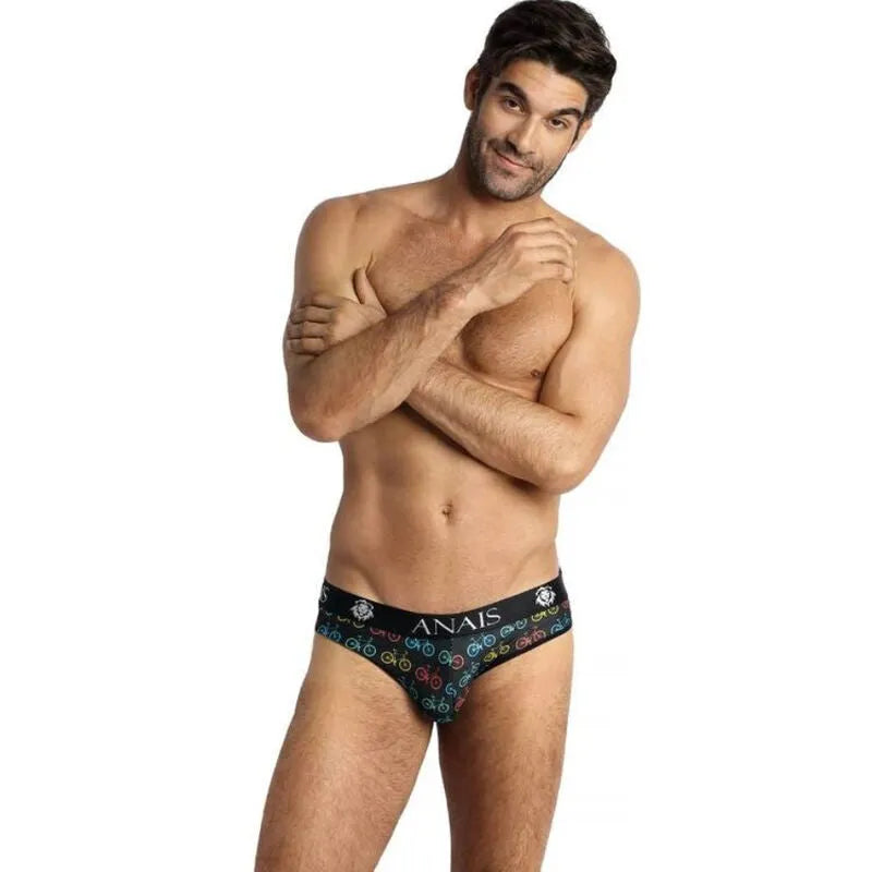 Slip homme Anais Men Benito noir avec motifs colorés, bande élastique à la taille, coupe sexy et confortable.