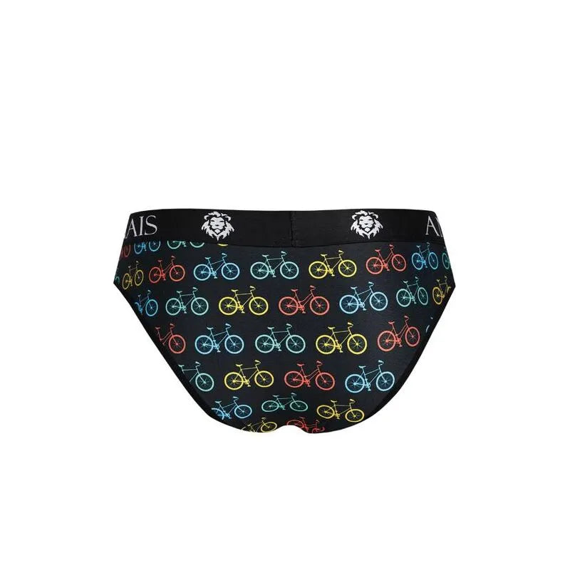 Slip homme Anais Men noir avec motifs vélos colorés, bande élastique noire à la taille, confort et style assuré.