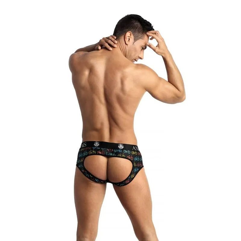 Slip de bikini noir Anais Men avec fesses ouvertes, motifs colorés, coupe audacieuse, matière polyamide et élasthanne.