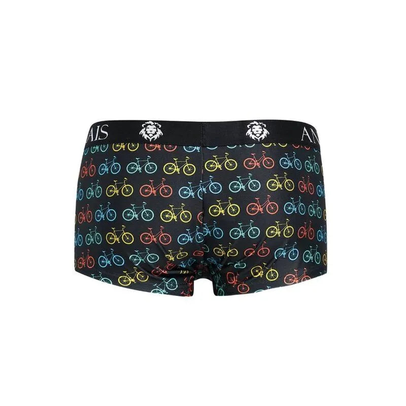 Boxer homme noir coupe sportive, motifs vélos colorés, jambes longues, ceinture noire logo ANAIS, élégant et confortable.