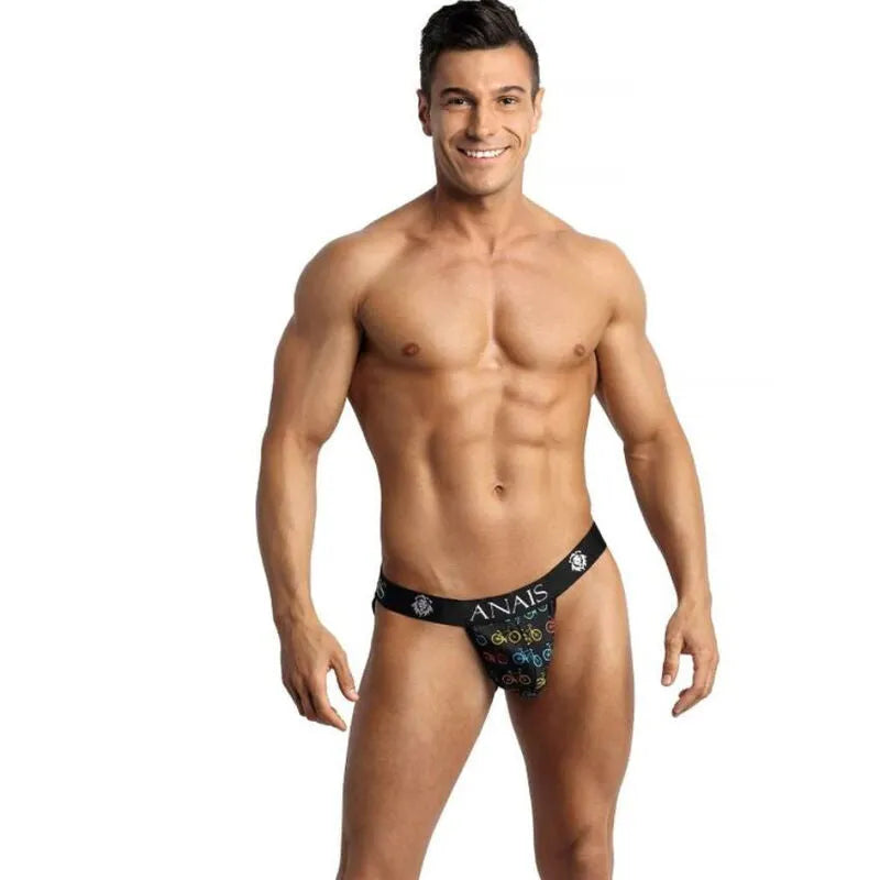 Jockstrap Anais Men noir, coupe audacieuse, motifs colorés, ajustement parfait, révélant les fesses masculines.
