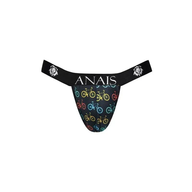 Jockstrap Anais Men Benito noir avec motifs vélos colorés, ceinture élastique noire avec logo Anais, coupe audacieuse.