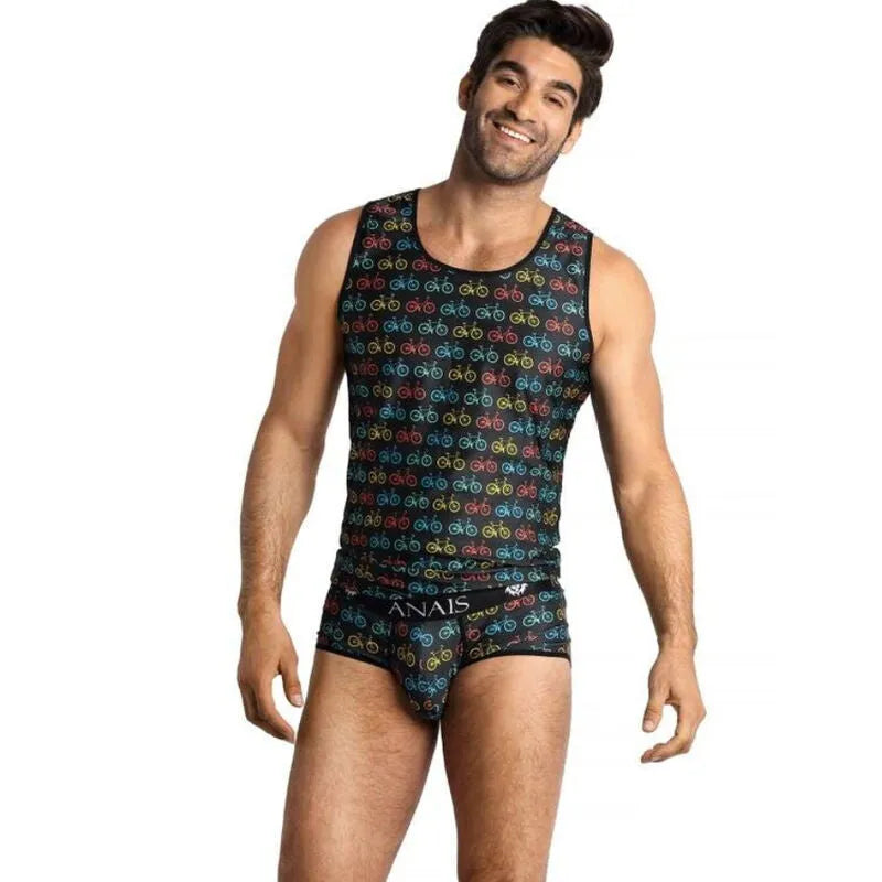 Débardeur Anais Benito homme, noir, motifs colorés, ajustement parfait, polyamide élasthanne, style moderne et sexy.