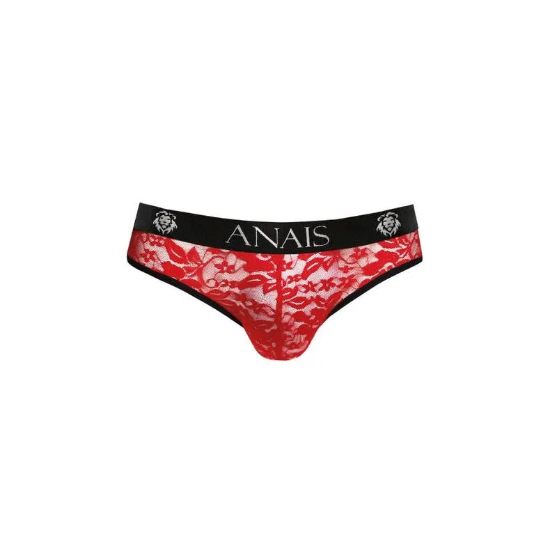 Slip homme rouge en dentelle florale avec bande élastique noire, design sexy et confortable par Anais Apparel.