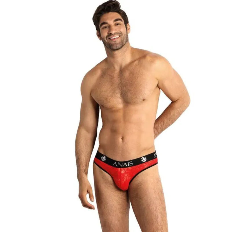 Slip homme rouge en dentelle florale, taille élastique noire avec logo Anais, design sexy et confortable.