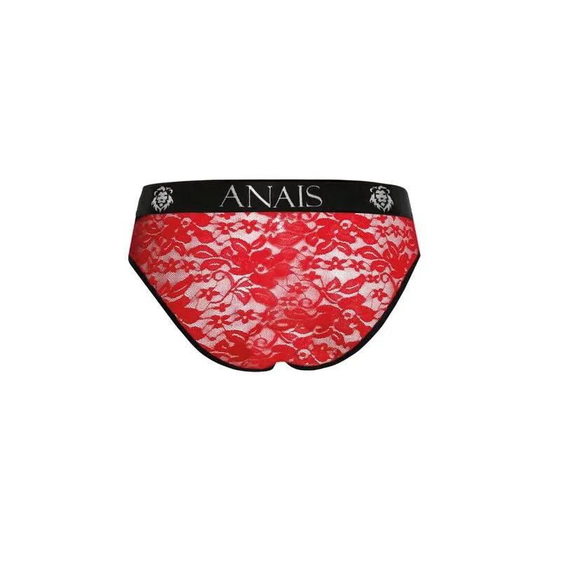 Slip homme rouge en dentelle florale, taille élastique noire avec logo Anais, design sexy et confortable.