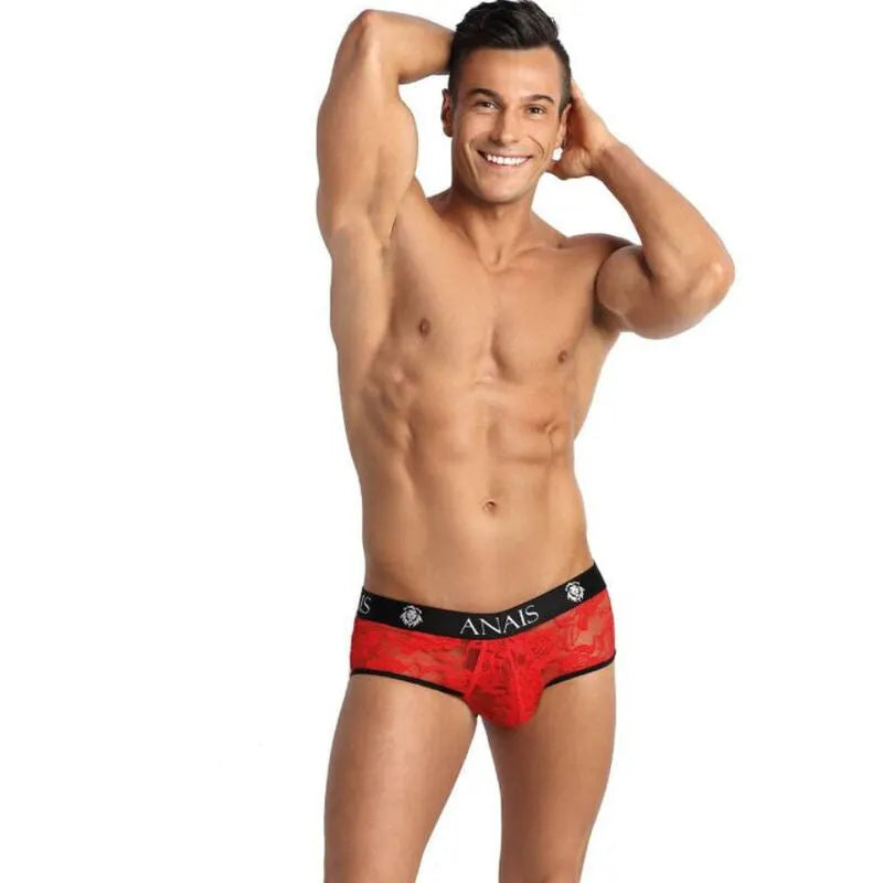 Bikini homme dentelle rouge imprimé fleuri, coupe ouverte, confort extensible, tailles S à XL, style audacieux.