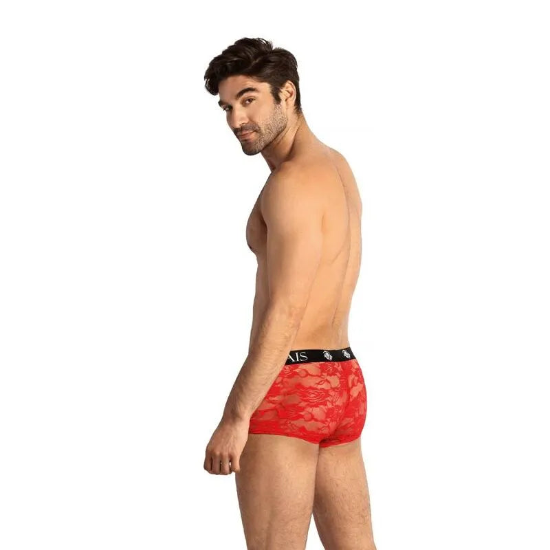 Boxer homme rouge dentelle imprimé fleuri, coupe sportive, jambes longues, confort optimal, Anais Apparel.