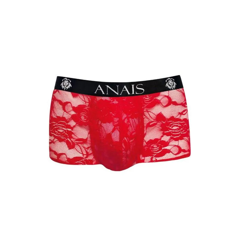 Boxer homme rouge dentelle fleurie, coupe ajustée, jambes longues, ceinture noire Anais, style sportif et élégant.
