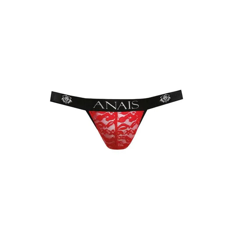 Jockstrap rouge en dentelle florale, ceinture noire avec logo Anais, coupe audacieuse révélant les fesses masculines.