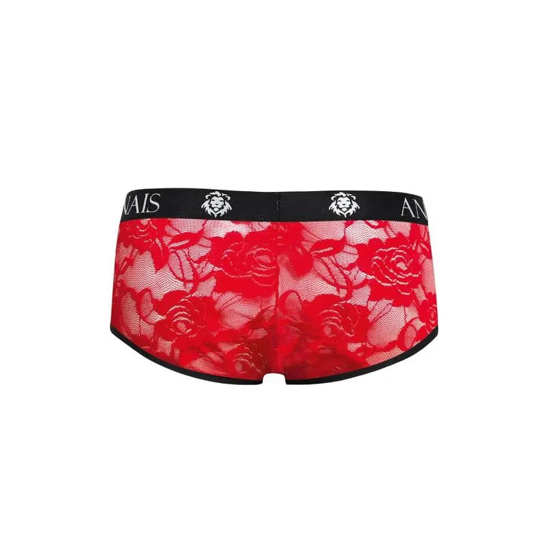 Slip homme rouge en dentelle florale, coupe sportive, ajustement parfait, ceinture noire avec logo Anais.