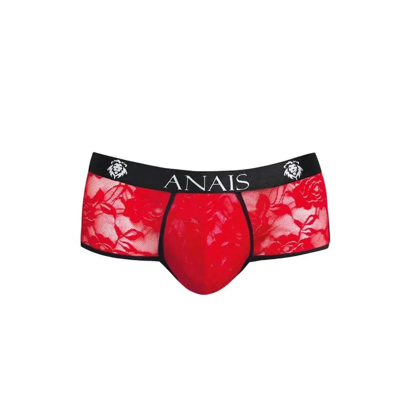 Slip homme rouge en dentelle florale, coupe sportive, ceinture noire avec logo Anais, ajustement parfait.