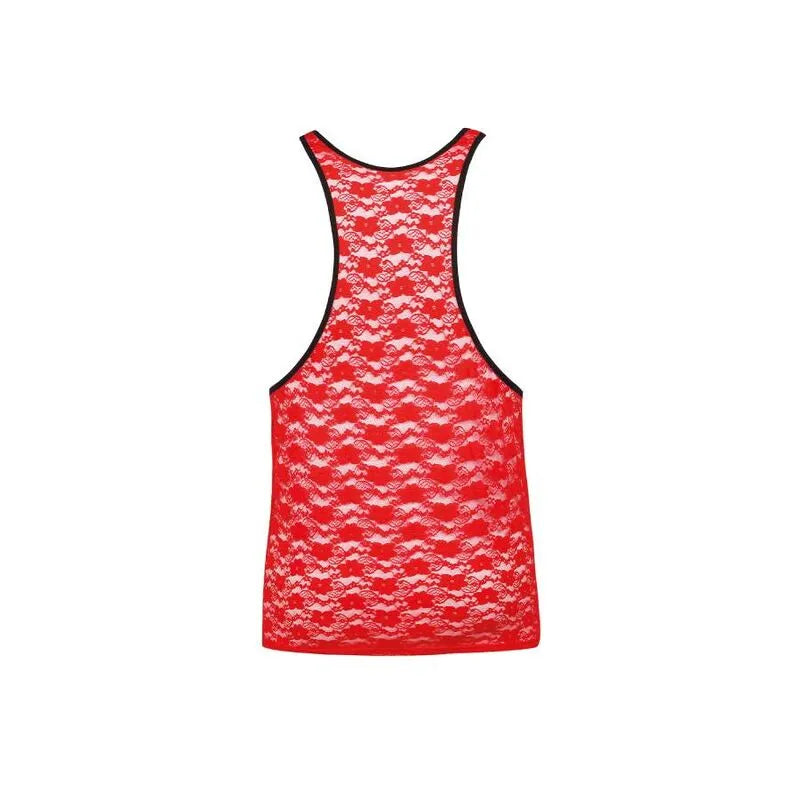 Top sans manches en dentelle rouge ajusté, style classique, mettant en valeur la silhouette avec élégance.