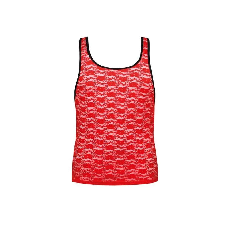 Top en dentelle rouge sans manches, ajusté, style classique, mettant en valeur la silhouette, élégant et sophistiqué.