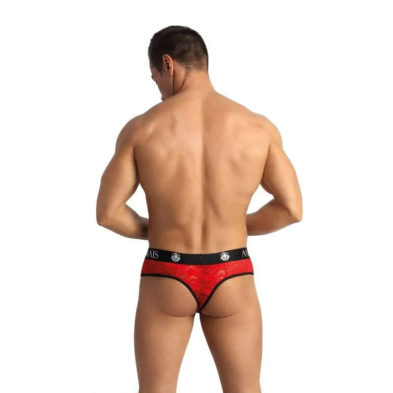 String homme rouge en dentelle avec imprimé fleuri, ajustement parfait, confort et séduction, vue de dos.