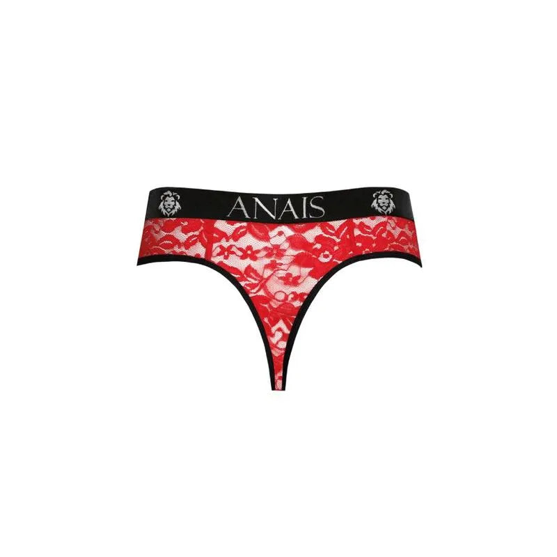 String homme rouge en dentelle imprimé fleuri, coupe ajustée, ceinture noire avec logo Anais, élégance et confort.
