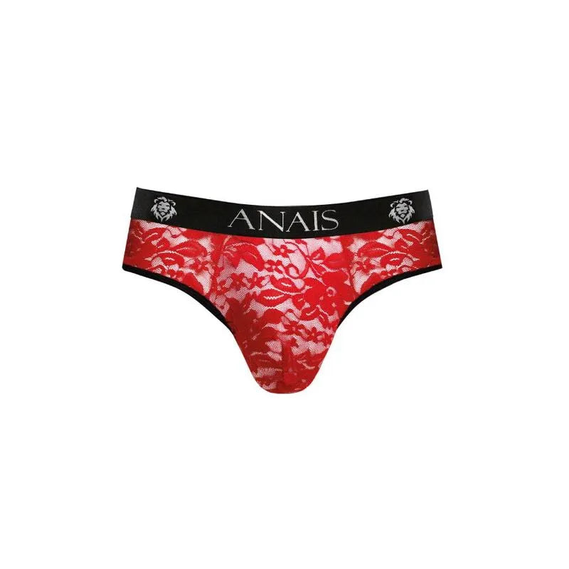 String homme rouge en dentelle florale, élastique noir avec logo Anais, confort et séduction raffinée.