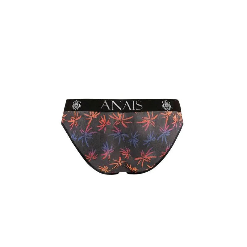 Slip homme noir en tulle avec imprimé palmiers colorés, bande élastique à la taille, confort et style Anais Men.
