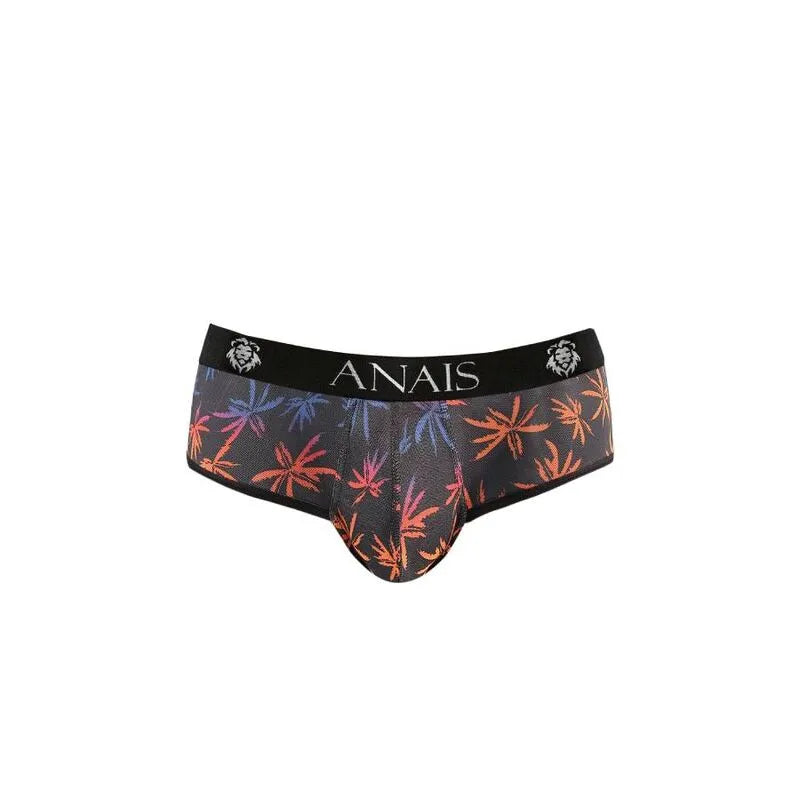 Bikini homme tulle noir imprimé palmiers colorés, coupe audacieuse, marque Anais, élégant et confortable.