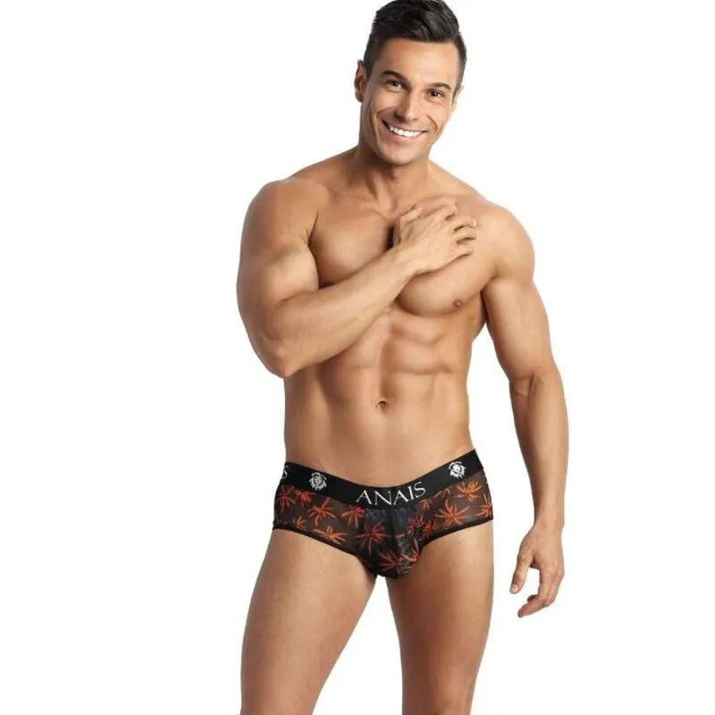Bikini homme tulle noir imprimé palmiers, coupe audacieuse, fesses ouvertes, style élégant et confortable Anais.
